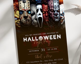 Invitación editable para fiesta de Halloween con calavera asesina sangrienta, esqueleto, invitación de terror para amigos, plantilla imprimible, disfraz para adultos, invitación espeluznante para beber.