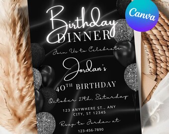 Black and Silver Diamond 40th Birthday Dinner Invitation, Digital Editable Canva Template Glam, 5x7