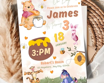 Winnie the Pooh Birthday Invitation Template, Editable Canva 5x7, Pooh Bear Honey Bee Invite, Any Age Boy, Printable Digital Download