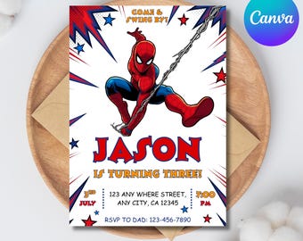 Plantilla editable de invitación de cumpleaños de Spider-Man, invitación para fiesta de superhéroes para niños, plantilla personalizada de Canva (descarga digital de 5 x 7 pulgadas).