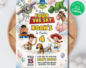 Invitación de cumpleaños de Toy Story editable para cualquier edad, invitación para fiesta de cumpleaños número cuatro de Reach FOUR the Sky, plantilla de tarjeta de celebración de cumpleaños infantil