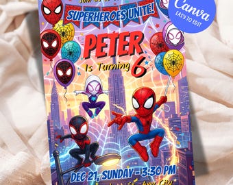 Editable Any Age Spidey Birthday Invitation, Superhero Birthday Invite, Spidey and his Amazing Friends Birthday Party Invite, Canva Template