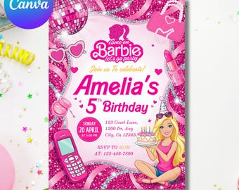 Editable fashion doll birthday invitation, malibu hot pink birthday party, bestie invitation, Instant Download, Canva Template
