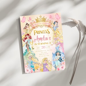 Invitación de cumpleaños editable para princesas de cualquier edad, fiesta temática de princesas reales en acuarela, invitación para el quinto cumpleaños de princesas reales (descarga digital) imagen 4