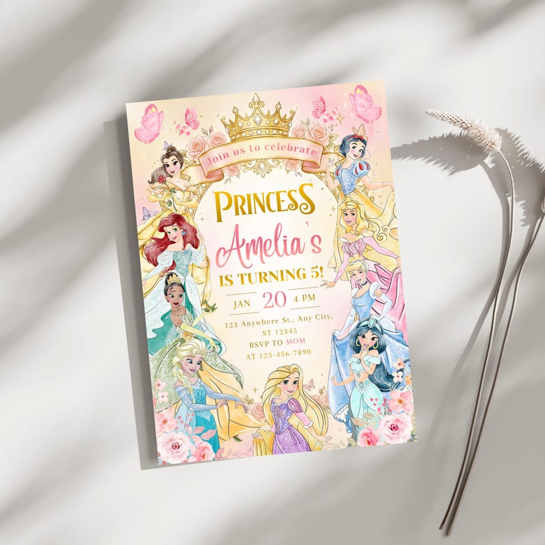 Invitación de cumpleaños editable para princesas de cualquier edad, fiesta temática de princesas reales en acuarela, invitación para el quinto cumpleaños de princesas reales (descarga digital) imagen 4