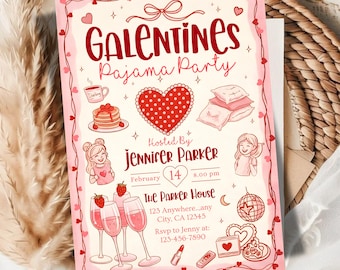 Galentine's Pajama Party Invitation, Editable Pink Coquette Bow Sleepover Invite, Pancakes and Pajamas Brunch, Canva Digital Template