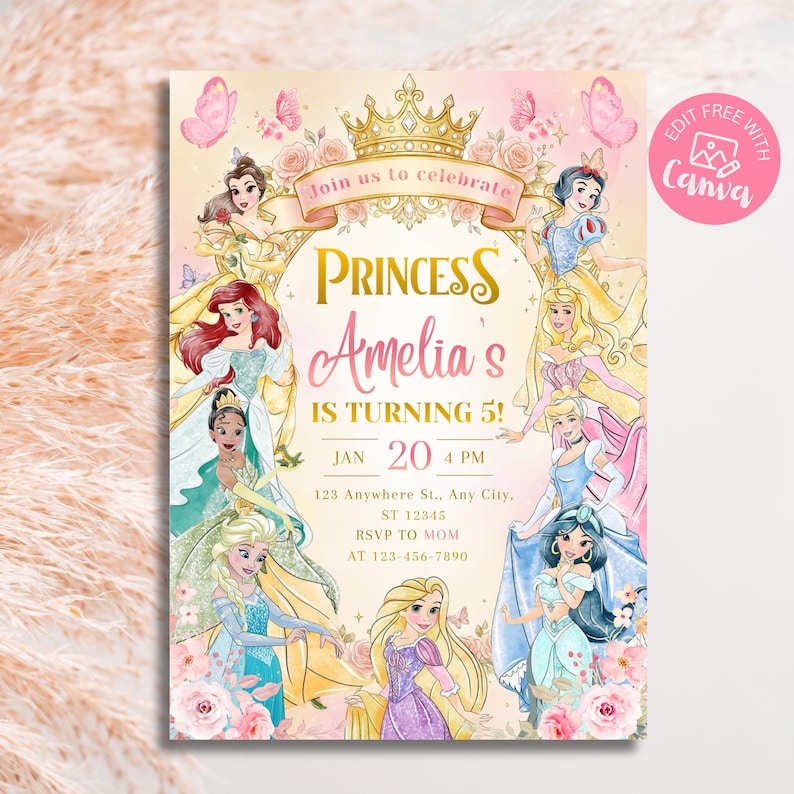 Invitación de cumpleaños editable para princesas de cualquier edad, fiesta temática de princesas reales en acuarela, invitación para el quinto cumpleaños de princesas reales (descarga digital) imagen 2
