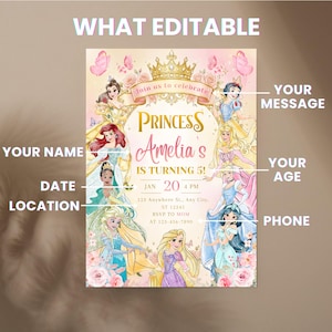 Invitación de cumpleaños editable para princesas de cualquier edad, fiesta temática de princesas reales en acuarela, invitación para el quinto cumpleaños de princesas reales (descarga digital) imagen 7
