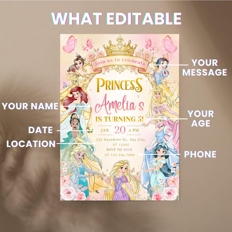 Invitación de cumpleaños editable para princesas de cualquier edad, fiesta temática de princesas reales en acuarela, invitación para el quinto cumpleaños de princesas reales (descarga digital) imagen 7