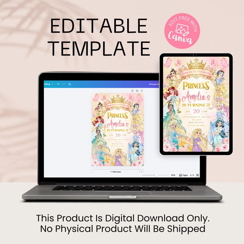 Invitación de cumpleaños editable para princesas de cualquier edad, fiesta temática de princesas reales en acuarela, invitación para el quinto cumpleaños de princesas reales (descarga digital) imagen 5