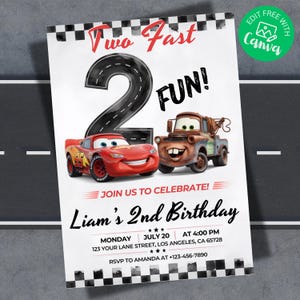 Invito di compleanno modificabile per il secondo compleanno di Saetta McQueen, invito "Two Fast 2 Fun" con McQueen e Cricchetto, invito per festa a tema Cars, modello Canva