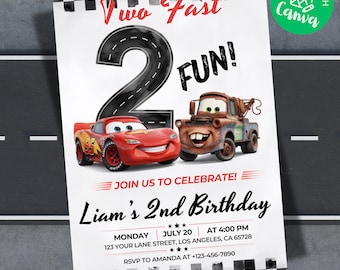 Invitación editable de cumpleaños número 2 de Rayo McQueen, invitación de McQueen y Mater de Dos rápidos y divertidos, invitación para fiesta de Cars, plantilla de Canva