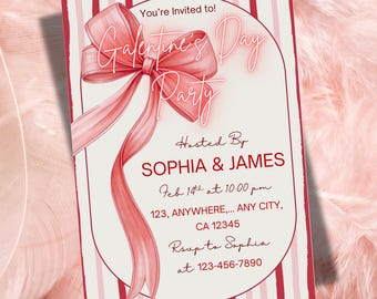 Red Bow Galentine's Day Party Invitation, Preppy Stripe Girls Night Party Invite, Editable Canva Template (Digital Download)