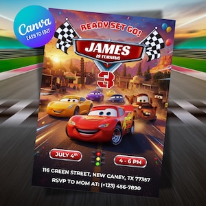 May include: A birthday invitation card featuring animated race cars on a track. The text reads: READY SET GO! JAMES IS TURNING 3, JULY 4th, 4 - 6 PM, 116 GREEN STREET, NEW CANEY, TX 77357, RSVP TO MOM AT: (+123) 456-7890. Includes checkered flags and a traffic light.