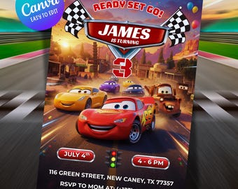Invitación de cumpleaños editable de Cars, invitación de Rayo McQueen, invitación de cumpleaños infantil, descarga digital de Canva de coche de carreras Speedway 5x7