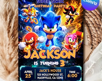 Sonic Birthday Invitation, Editable Sonic the Hedgehog Party Invite, Boys Birthday Card, Instant Download, 5x7 Digital