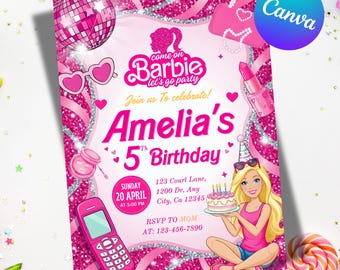 Editable fashion doll birthday invitation, malibu hot pink birthday party, bestie invitation, Instant Download, Canva Template