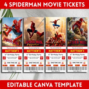 Peut inclure: Quatre invitations de fête rectangulaires conçues comme des billets de cinéma avec des graphismes Spider-Man. Chaque billet comprend le texte pour le 6e anniversaire de Matthew, la date, l'heure, le lieu et un code-barres. Design rouge et blanc.