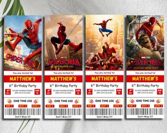 Invitación editable para la película "Un nuevo día" de Spider-Man, invitación para ir al cine, invitación para fiesta de cumpleaños de Spider-Man, plantilla de Canva para entradas.