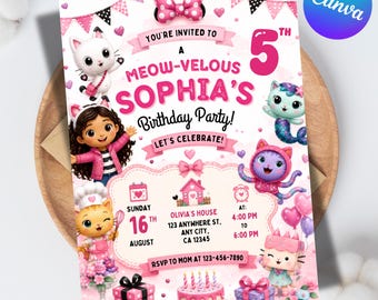 Invitación de cumpleaños de Gabby's Dollhouse, invitación de cumpleaños de gato imprimible, invitación para fiesta de gatitos, tarjeta de cumpleaños para niña, plantilla editable de Canva