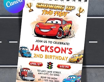 Editable Cars Birthday Invitation, Lightning McQueen Invitation, Kids Birthday Invitation, Personalized Canva Digital Download