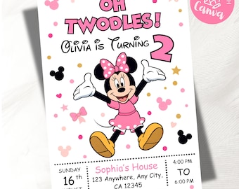 Invitación de cumpleaños editable de Oh TWOdles, plantilla de invitación de cumpleaños de Minnie Mouse rosa para el segundo cumpleaños, tarjeta de cumpleaños para niñas, descarga digital instantánea de 5 x 7 pulgadas.