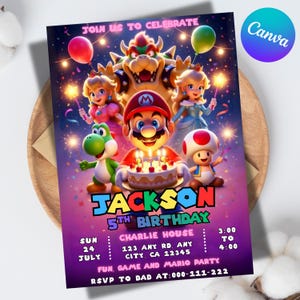 Inbjudan till Mario Galaxy-födelsedag, inbjudan till rymdfest, spelfestkort för pojkar, redigerbar canvasmall (12,5 x 18 cm), direktnedladdning