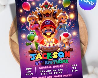 Mario Galaxy Birthday Invitation, Outer Space Party Invite, Boys Gaming Party Card, Editable Canva Template (5x7 in), Instant Download