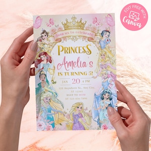 Invitación de cumpleaños editable para princesas de cualquier edad, fiesta temática de princesas reales en acuarela, invitación para el quinto cumpleaños de princesas reales (descarga digital) imagen 3