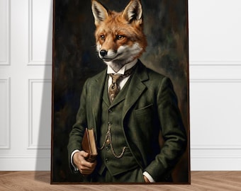 Vintage Fuchs Portrait, Frosch im Anzug Begleiter Kunst, Dark Academia Raum Dekor, Viktorianisches Öl Gemälde, Gentleman Fox Poster