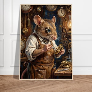 Peut inclure: Impression encadrée d'une souris portant un monocle et un tablier en cuir, travaillant sur des engrenages d'horloge. La scène se déroule dans un atelier rempli d'horloges et d'outils, avec un éclairage chaleureux et une esthétique vintage.