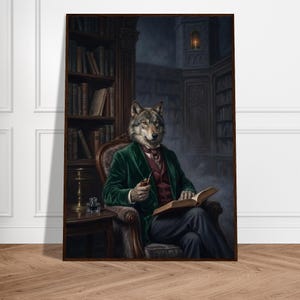 Portret van Distinguished Wolf, vintage dierenschilderij, donkere academische bibliotheekprint (digitale download)