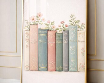 Arte mural para amantes de los libros, impresión floral para estantería, decoración para rincón de lectura, póster de libros de estilo cottagecore, descarga digital
