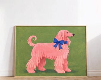 Arte mural de perro, estampado de caniche rosa, arte animal caprichoso, decoración divertida para mascotas de mediados de siglo, descarga digital