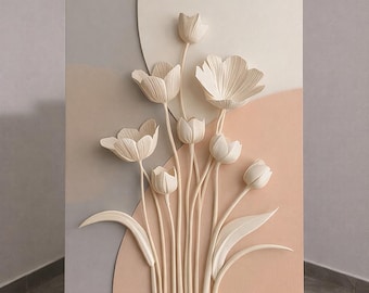 Arte floral de pared, estampado floral minimalista, decoración botánica moderna neutra, arte de estilo escandinavo, descarga digital