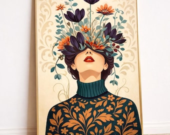 Arte mural abstracto, mujer floral, ilustración de retrato botánico, impresión femenina, decoración femenina de inspiración vintage, descarga digital