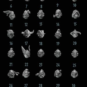 May include: A collection of 30 miniature helmet designs, each with unique features like visors, crests, and facial details. The helmets are arranged in rows and columns against a black background, showcasing a variety of styles and textures.