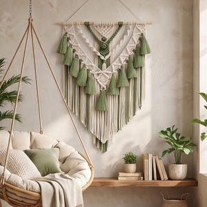 May include: A large macrame wall hanging featuring intricate off-white and sage green knotted cord patterns, arranged in a V-shape with multiple hanging tassels. The design is suspended from a horizontal wooden dowel with a white cord hanger.