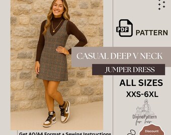 Casual Deep V Neck A-Line Jumper Dress Pattern | Sleeveless Above Knee Dress Sewing PDF
