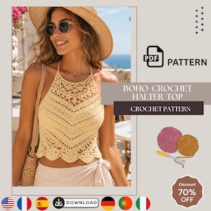 Puede incluir: Un top halter de ganchillo en color amarillo pálido con un intrincado patrón calado y un dobladillo festoneado. La imagen incluye el texto PDF PATTERN, BOHO CROCHET HALTER TOP y CROCHET PATTERN, junto a ilustraciones de ovillos y un ganchillo.