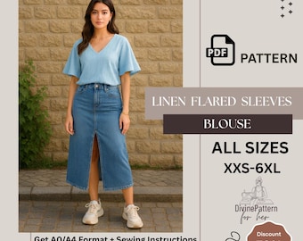 Linen Blouse Sewing Pattern | Flared Sleeve V Neck DIY Top | PDF Download