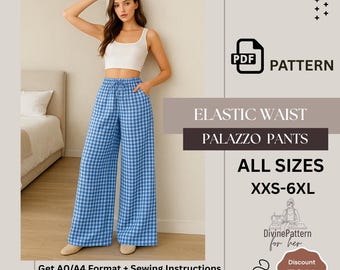 Elastic Waist Palazzo Pants Sewing Pattern: Wide Leg with Pockets (PDF Pattern)