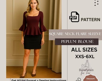 Peplum Top Sewing Pattern | Square Neck Blouse with Flared Sleeves | PDF Download