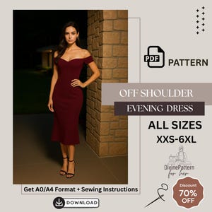 Patron de robe de soirée à épaules dénudées Décolleté en coeur Coupe ajustée Midi PDF