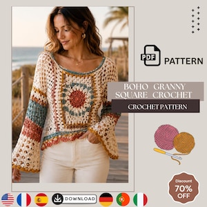 Peut inclure: Un haut en crochet à manches longues avec un motif de carrés granny multicolores et un centre rond dans des tons crème, rouille et bleu sarcelle. Le vêtement présente une large encolure ronde et des manches évasées ajourées. Texte : PDF PATTERN BOHO GRANNY SQUARE CROCHET CROCHET PATTERN.