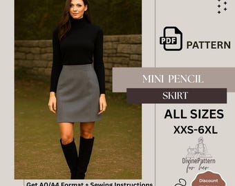 Damen Mini-Bleistiftrock Schnittmuster PDF | Hohe Taille DIY ausgestatteter Rock