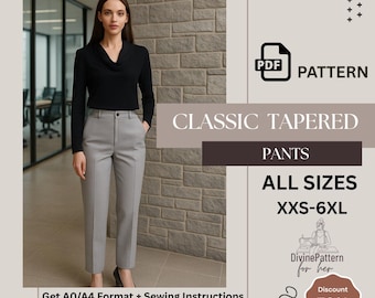 Patrón de costura en PDF para pantalones clásicos de pierna cónica / Pantalón de cintura alta tejido para mujer