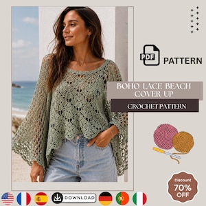 May include: A sage green crochet top featuring a scalloped lace pattern, wide sleeves, and a round neckline. The image includes text reading PDF PATTERN, BOHO LACE BEACH COVER UP, CROCHET PATTERN, and a graphic of two yarn balls with a crochet hook.