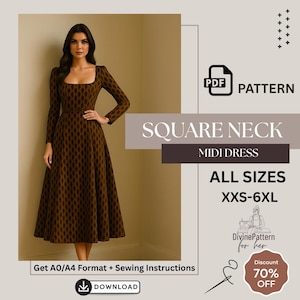 Square Neck Princess Seam Maxi Dress Sewing Pattern | Long Sleeve Fit Flare PDF Pattern