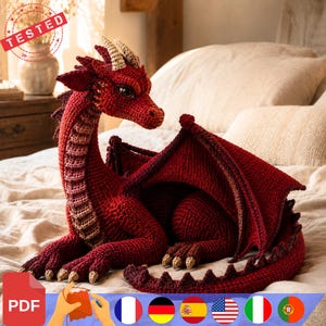 May include: A handcrafted crochet dragon toy in deep red yarn with a textured tan underbelly and horns. The creature features large dark eyes, pointed ears, and a long tail with triangular spikes. It is posed in a sitting position with wings.